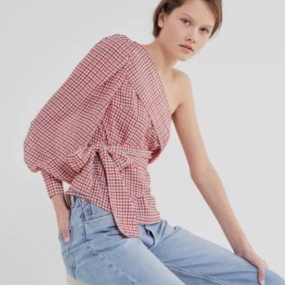 C/MEO COLLECTIVE Counting All Plaid One Shoulder Tie Front Top Medium - Picture 3 of 9